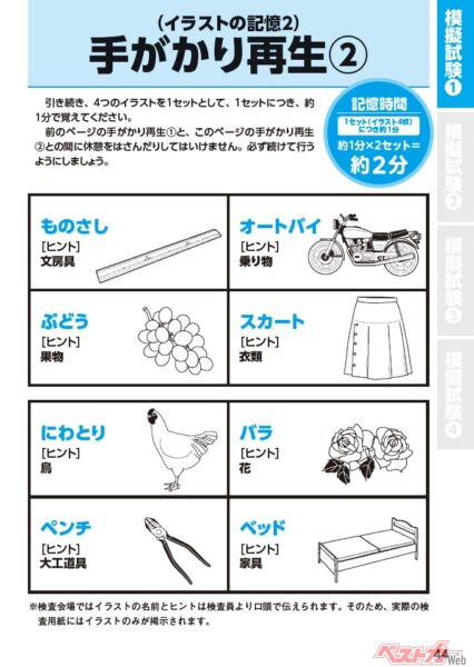 「認知機能検査」と同様のものがこれ。これらのようなイラスト、全16枚を約4分間で記憶し、「その16枚には何が描かれていたか」を解答するという出題内容。結構……難しい!