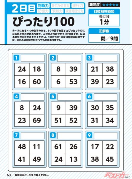 こちらも脳活ドリル「ぴったり100」。各4つの数字のなかで、3つを足せば100になり、それらから仲間外れになるひとつの数字を探し出すもの！