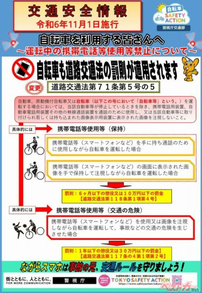 警視庁による道路交通法改正を知らせるポスター。2024年11月に施行された改正道路交通法では、自転車の酒気帯び運転に関しても罰則が新設されている(PHOTO:Adobe Stock_itsajoop)