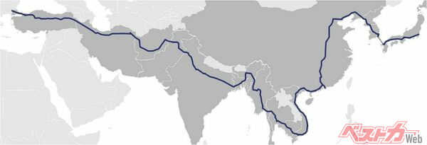 アジアハイウェイ1号線の全ルート。なんと2万km以上もある！（Wikipediaより）