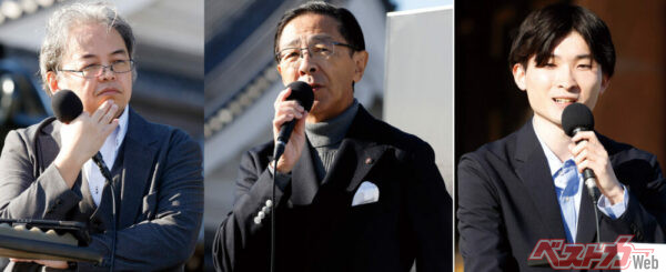 京都府のトークセッションに登壇したのは、ベストカー編集局長・寺崎彰吾（写真左）、京都府知事・西脇隆俊氏（写真中央）、同志社大学大学院・東田悠希氏（写真右）