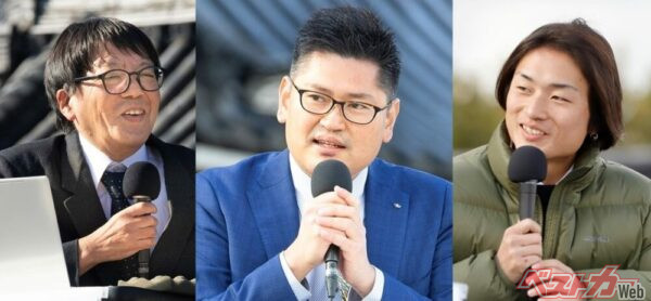 「レクサスのトークセッション」に登壇した3人。写真左から司会進行の本郷 仁(ベストカー編集担当取締役)、井藤進矢氏(レクサス/LE開発部 部長)、板倉拓寿氏(成城大学生)