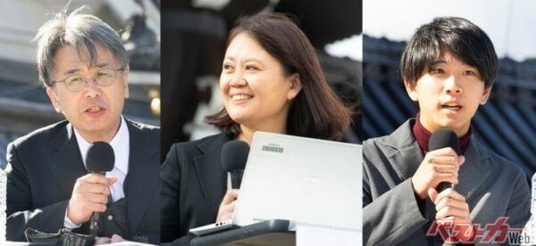 「日産トークセッション」に登壇した3人。左から司会進行の飯嶋 穣(ベストカー編集長)、近藤啓子氏(日産自動車 SAKURAチーフマーケティングマネージャー)、松浦 薫氏(同志社大学生)