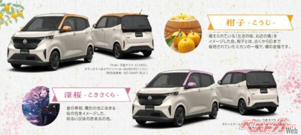 京都日産×オートワークス京都×染料の福住商店のコラボで誕生した「WANOiRO」。サイドミラーなどのオレンジ色や桜色のカラーリング<br>がユーザーに大好評。SAKURA、ノート、ルークスに設定している
