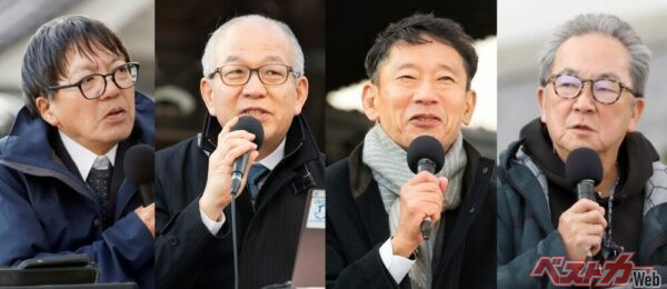 ホンダのセッションに登壇した4名。左から司会進行の本郷 仁(ベストカー編集担当取締役)、長谷部哲也氏(ホンダ 事業開発本部 事業開発統括部 水素事業開発部 部長)、生駒浩一氏(ホンダ 電動事業開発本部 BEV開発センター チーフエンジニア)、清水和夫氏(ジャーナリスト)