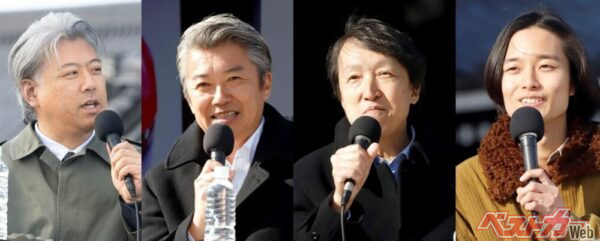 ステージに登壇した4人。左から塩川雅人(ベストカーWeb編集長)、辻本宏治氏(マツダ広報 主幹)、田中秀昭氏(マツダ広報 シニアエキスパート)、大坂怜央氏(成城大学生)