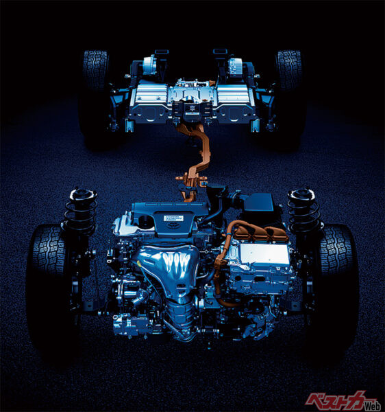 152ps/21.0kgmの2.5L直4エンジン+143ps/27.5kgmモーターのHVでフロントタイヤを駆動。リアタイヤは先代ハリアーHV同様、68ps/14.2kgmの後輪専用モーターで駆動するE-Fourを採用。システム出力は194psを発揮し、JC08モード燃費は21.8km/L