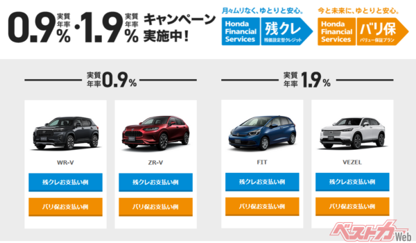 通常実質年率4.3%が0.9~1.9%に設定されている。ホンダ公式ホームページより