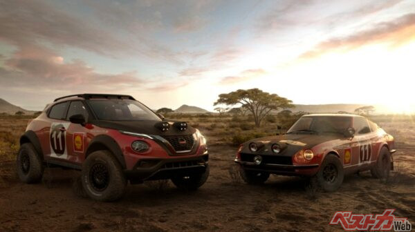 右が1971年、東アフリカサファリラリーで優勝した240Zで、左は「日産ジューク ラリートリビュート コンセプト」。ステキすぎる写真、ありがとう、日産!!