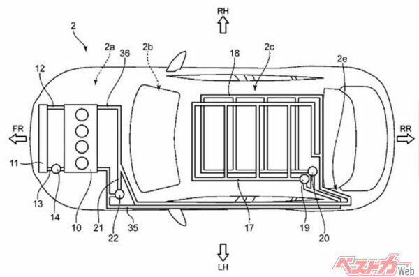 マツダの当該特許の説明画像。なんと冷却系が屋根にも！