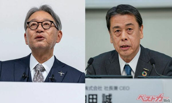 ホンダ三部社長と日産内田社長。2024年12月の会見では経営統合へ向けた検討を開始する、と発表したが、2025年2月中旬、それぞれが「検討を終了する」と発表することになった