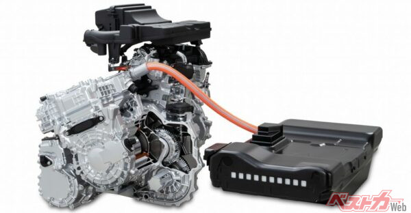e-POWERのカットモデル。エンジン、発電用モーター、駆動用モーター、インバーターと、小型のバッテリーの組み合わせとシンプルだ