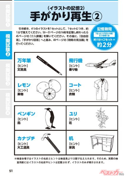 「認知機能検査」とほぼ同じものがこれ。これらのようなイラスト合計16枚を約4分間で記憶し、「16枚には何が描かれていたか」を解答するという内容。結構……難しい!