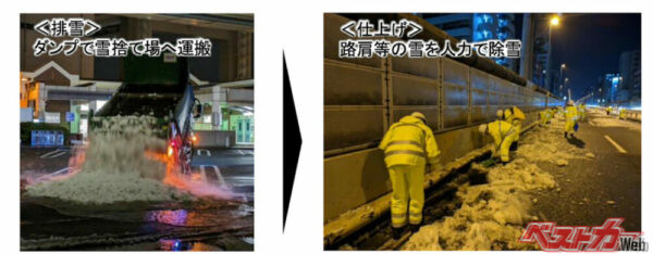 2024年2月、首都高速における、排雪作業と仕上げ作業。路肩の雪を人力で除雪しているので時間がかかった。資料／首都高速道路