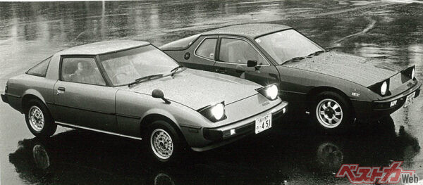 オイルショックと排ガス規制で実用一点張りなクルマばかりとなっていた1970年代の日本車にあって、1978年に登場したマツダRX-7は、軽量コンパクトなボディに130ps/16.5kgmを発揮する12A型ロータリーエンジンを搭載した久しぶりに走りを楽しめるクルマだった。写真奥はポルシェ924。実力は敵わなかったが、果敢に挑戦した