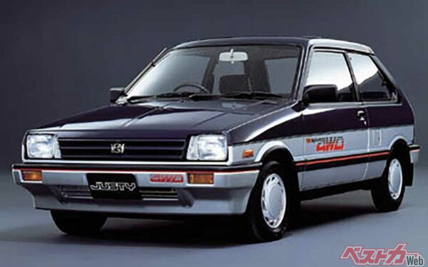 スバルジャスティ（1984年）…ジャスティは、直3、OHC997cc NAエンジンを搭載。グロスで63ps/6000rpm、8.5kgm/3600rpmを発生。同じ3気筒だが3バルブ化された1.2Lは73ps/6000rpm、10.0kgm/3600rpとハイスペックだった
