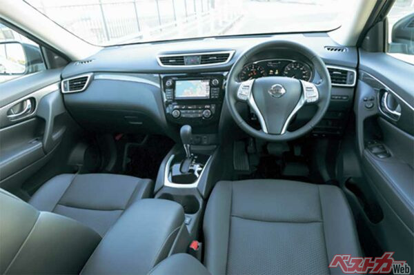 エクストレイル。最新のSUVはどれも洗練された都会的なインテリアデザインが特徴的。そんな中でも、エクストレイルは初代からの伝統となった撥水シート、防水パネルなどを使った室内を用意する。ハリアーは上級サルーンのような室内