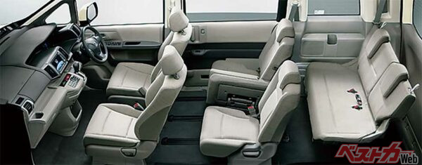 ステップワゴン…基本は8人乗りで、オプションでキャプテンシートを選ぶと7人乗りとなる。3列目は床下収納ゆえシートが薄い