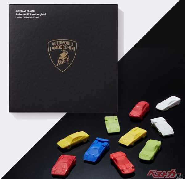 ロゴ入りの豪華ケースに入っている、超精密スーパーカー消しゴム「ランボルギーニ・リミテッドエディション10」(価格5500円)。GGF-Tオンラインショップなどで購入できます!