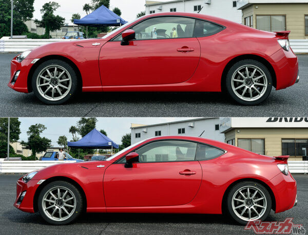 上がノーマル、下がトランクにウェイト160kgを搭載した状態。リアサスが沈み込んでいる。下のコーナーウェイトを見ると、トランクに160kg積むとほぼ前後50対50だ