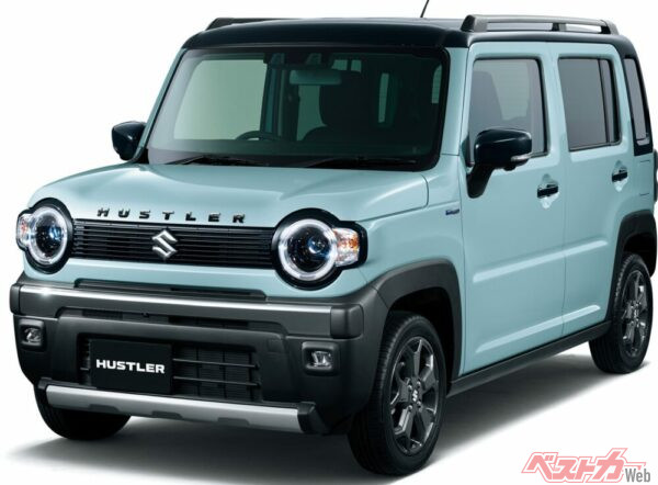 一部仕様変更と同時に新設定された「ハスラー タフワイルド」。グリルが大きくワイドになり、フロントの「HUSTLER」アルファベットエンブレムが黒で超イカすぜ!