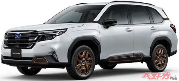 意外にも、新型モデルに残った1.8L水平対向直噴ターボエンジン車。ブロンズのアクセントカラーがバンパーやホイール、サイドガード、そしてインテリアにも盛り込まれている