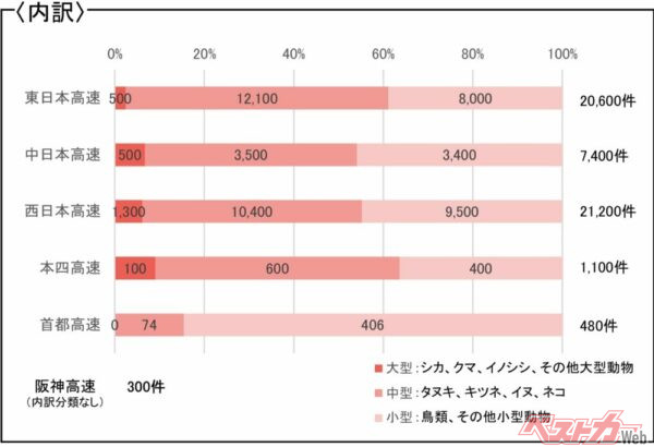 2022年度の高速道路会社の落下物処理件数のうちのロードキル処理件数。中型小型の動物が多いが、シカやクマ、イノシシなどの大型動物の処理件数も少ないとはいえない
