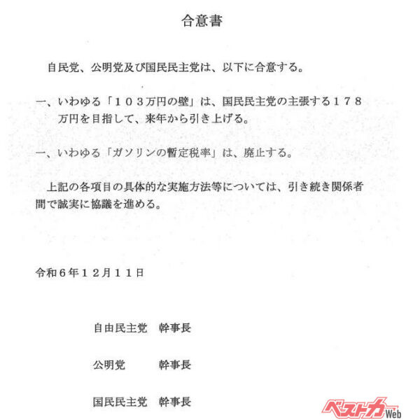 昨年12月11日に交わされた自民、公明、国民民主の3党による合意書。「暫定税率」に関しては「廃止する」と断定しているものの、実施時期の記述はない
