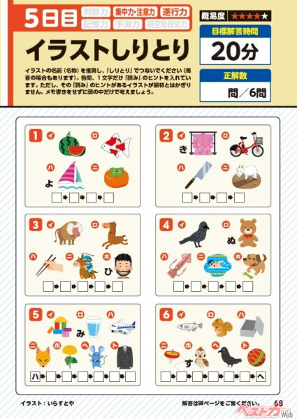 脳神経内科専門医が考案した脳活ドリルの一例、「イラストしりとり」。高齢者だけでなく、ご家族などみんなでやれば楽しめますよ!