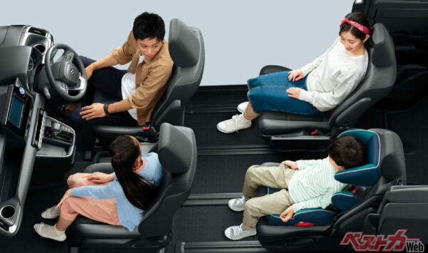 7人乗りのハイブリッドGグレードに設定される、2列目キャプテンシート。前後スライド量は700mm以上も。いいですね~!