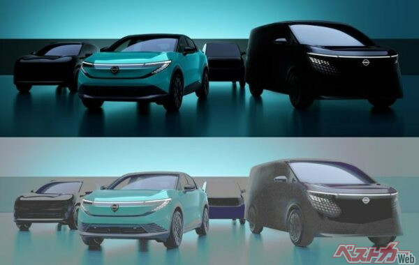 2026年度までに日本で発売される4車種。右から新型エルグランド、新型リーフ。後ろの2台は新型ルークス、新型キックスと思われる。下の画像はできる限り明るくしたもの