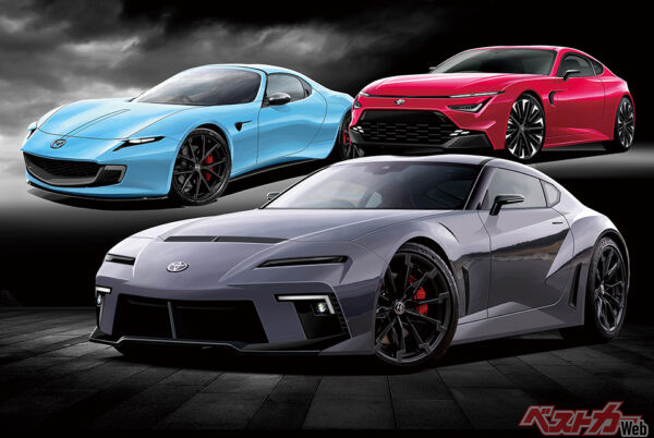 ベストカー編集部が作成した、次期型トヨタ GR86（右上）、マツダ RX-7後継ロータリースポーツ（左上）、次期型トヨタ GRスープラの予想CG