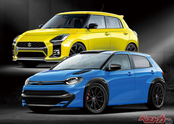 ベストカー編集部が作成した次期型スズキ スイフトスポーツの予想CG(上)と、トヨタ GRスターレットの予想CG(下)