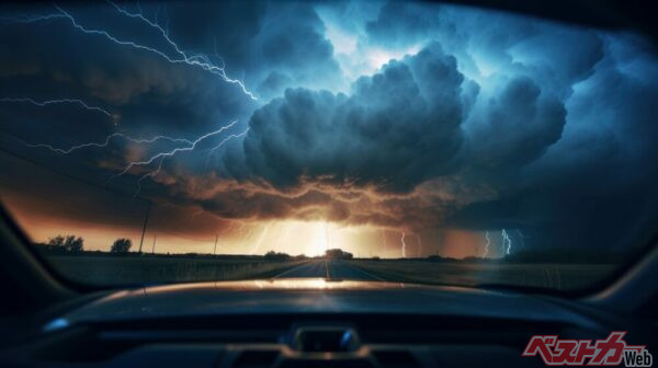 落雷によってクルマは安全に走行することができなくなる可能性があるため、雷雲が近い状況では、クルマを安全な場所に止め、状況が好転するのを待つ、という判断も必要(PHOTO:Adobe Stock_Joyce)