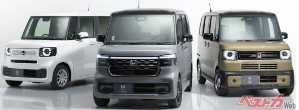 ホンダN-BOXの3シリーズ。左から標準、カスタム、JOY。合わせて年間20万台が売れている