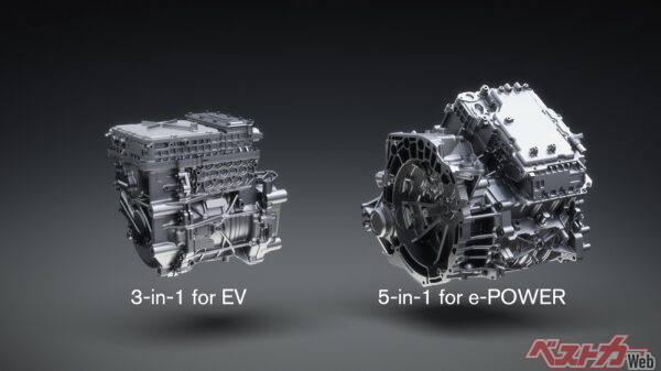 日産が2023年に3月に公開した、新開発電動パワートレイン「X-in-1」。モジュール化したことで、パワートレインコストを大幅ダウンし、2026年までにe-POWER搭載車をエンジン車と同等の車両コストにするという