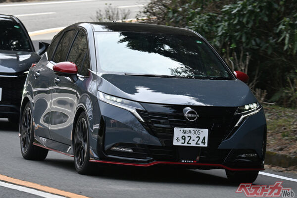 日産 ノートオーラNISMO。モーターのトルクとガッチリしたボディ剛性でレスポンスの良い走りが楽しめる