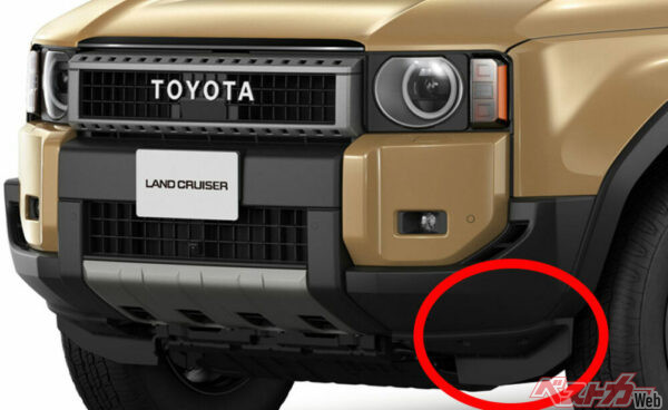 ランドクルーザー250のタイヤディフレクター。フロントタイヤの前側にある、飛び出した黒い影がそれだ