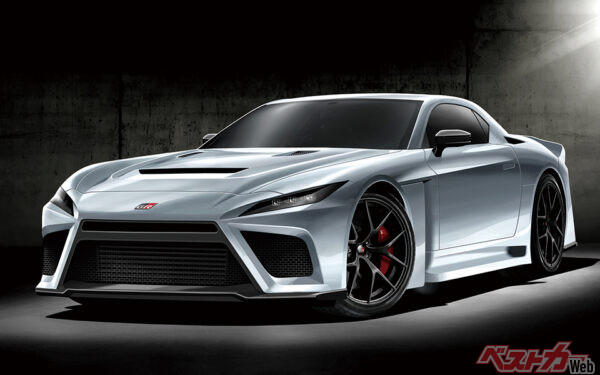 レクサス LFAの後継車という位置付けながら、GRブランドで販売。4L、V8ツインターボ（720ps/70.0kgm）＋モーターのHEVはシステム出力が900ps程度になるモンスター！　2026年春デビューと予想（ベストカー編集部作成の予想CG）