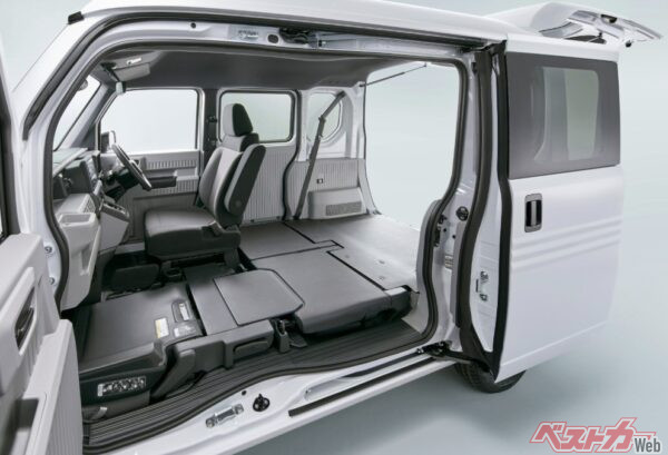 N-VAN eの助手席側はBピラーレスとしており、前席ドアと後席スライドドアを開けると大開口が誕生する。ダイハツ「タント」のミラクルオープンドアも同じだ