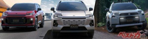 中央の「コア」、右の「アドベンチャー」、左の「GRスポーツ」。3つのグレード構成でスタートする新型RAV4の日本発売は、2025年度内を予定している