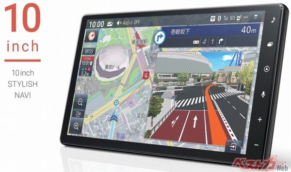 新型ムーヴのディーラーオプション設定の10インチサイズカーナビゲーションシステム。動画配信コンテンツも対応しており、車内でやりたいことはほぼすべてできるようなハイエンドカーナビだ