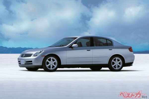 2001年登場のV35スカイライン。発表当時からCd値0.26（純正リアスポイラー装着時）の達成をしっかりと訴えていた