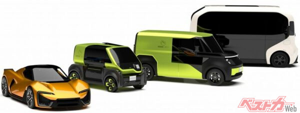 左から、スポーツEV、マイクロBOX、ミッドBOX、e-パレット
