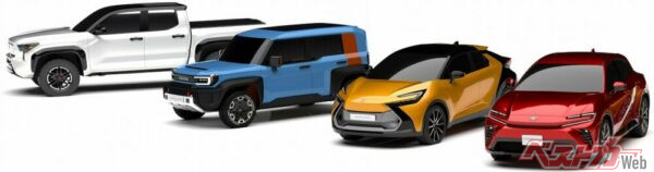 左から、ピックアップEV、コンパクトクルーザーEV、スモールSUEV、クロスオーバーEV