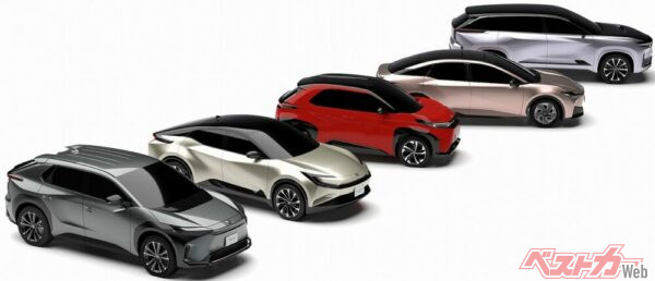 2021年12月14日に発表されたBEVコンセプトカー4車種。左から、市販型bZ4X、ミディアムクロスオーバー（のちのbZ5）、スモールクロスオーバーSUV（未発表）、ミディアムセダン（bZ3）、ラージSUV（bZ3X）