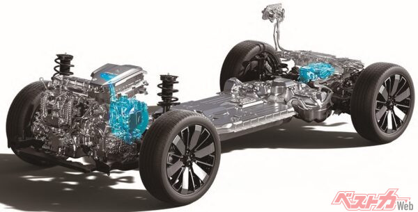 アウトランダーPHEVのプラットフォーム。フロア一面に広がっている駆動用バッテリーを、ローグ（エクストレイル）に収めるには、かなりの設計検討が必要になる