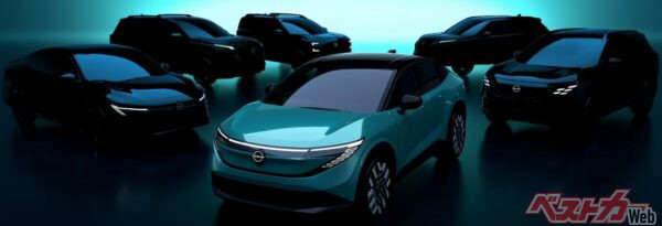 2025年3月に日産が発表した、米国における日産ブランドの新型ラインアップ（ティーザーイメージ）。一番左に位置しているのが次世代セントラだと思われる