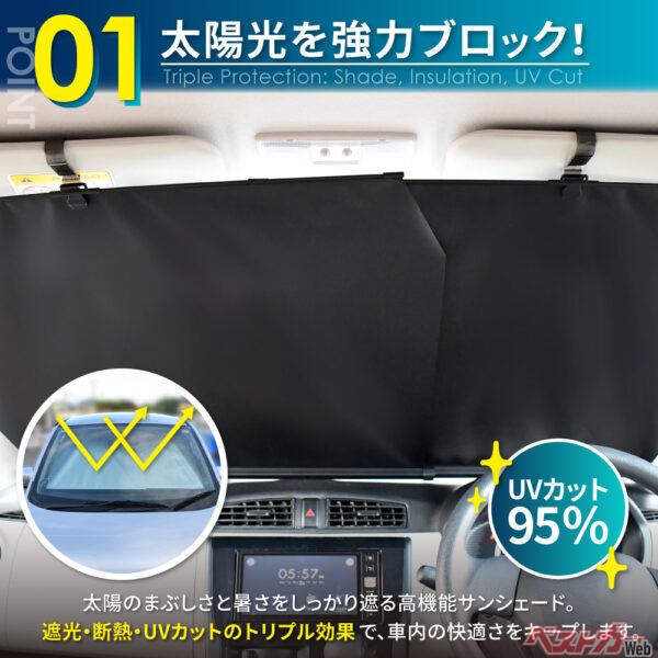 2分割だから隙間も生まれにくく日光、熱、紫外線から車内を守ってくれる