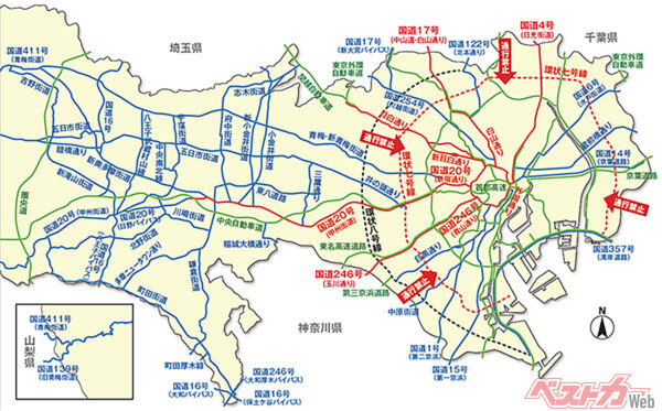 東京都では大地震発生時、人命救助、消火活動等に従事する緊急自動車等を円滑に通すための交通規制がかかる。ここに示された幹線道路は緊急車両専用となり、環状七号線内側方向へ流入する車両の通行は禁止となる(警視庁資料より)